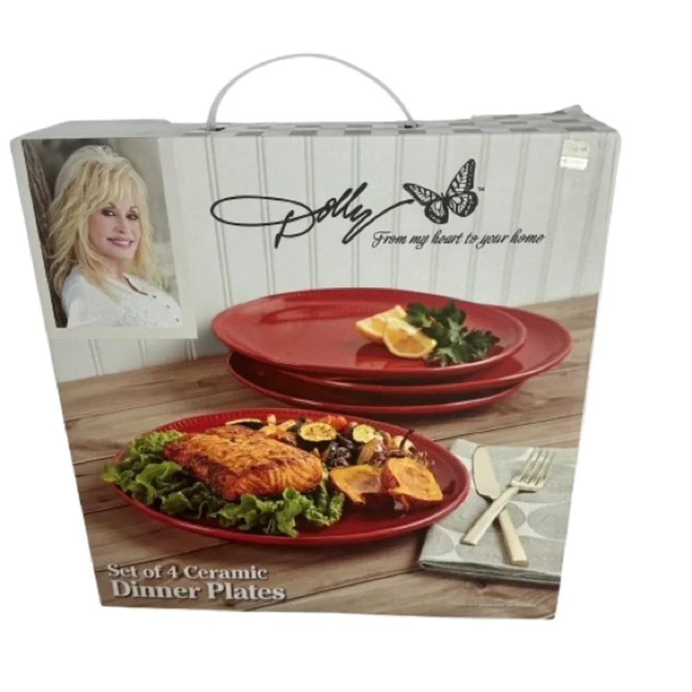Dolly Parton Iconic Ceramic Dinner Plates Red 11” Round Coupe Set 4 New In Box